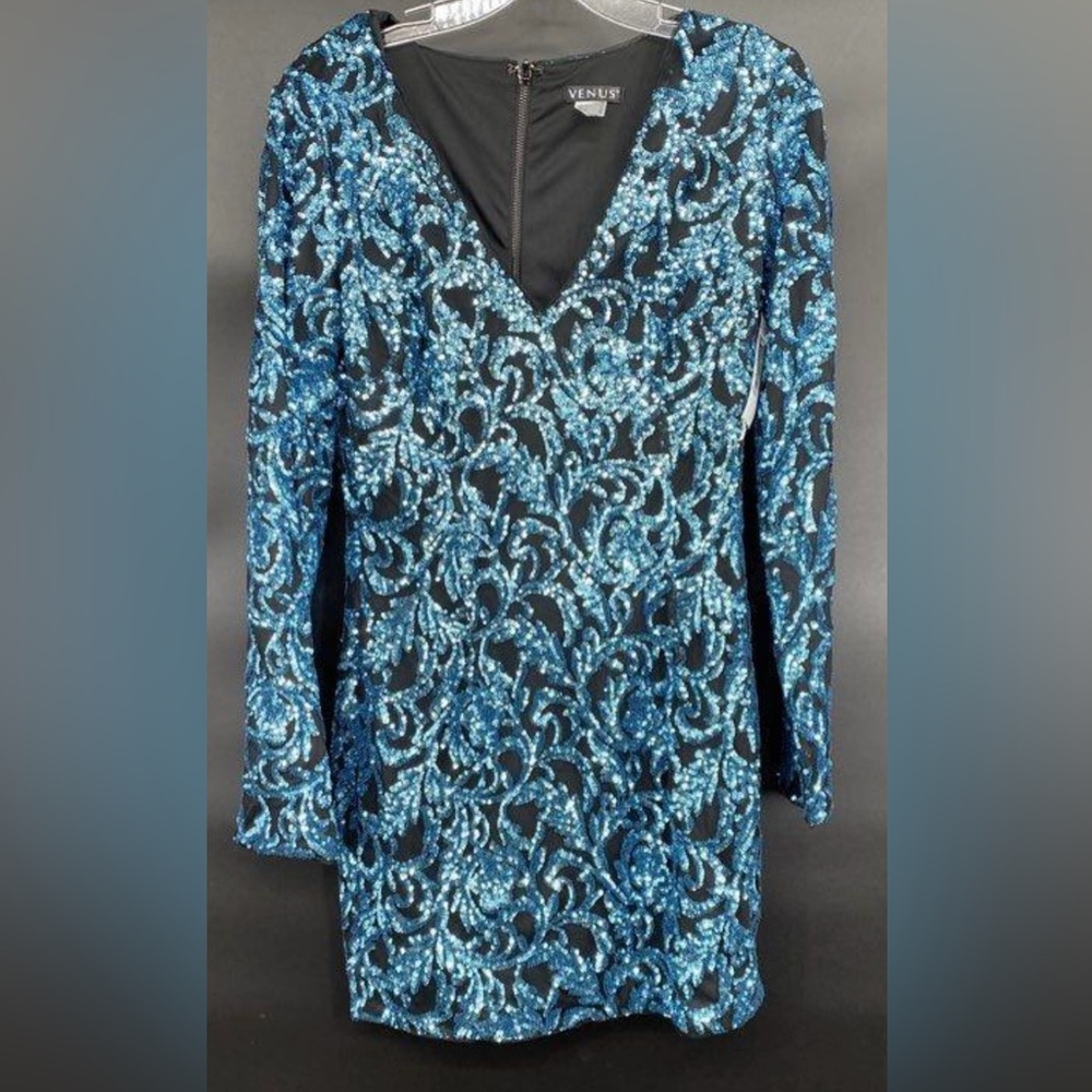 Venus black and blue sequin long sleeve dress. Size 8